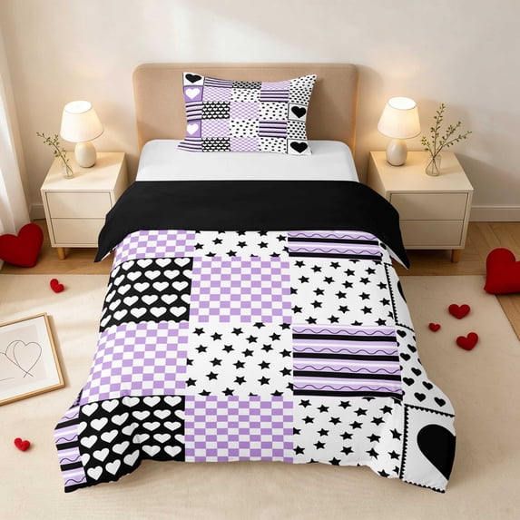 Erosebridal Patchwork Heart Checkered Stars Twin Duvet Cover for Girls, Plaid Polka Dot Quilt Twin Bedding, Black Reversible 2pcs 1 Duvet Cover and 1 Pillowcase