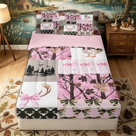 Erosebridal Patchwork Hunting Pattern Zipper Full Size Comforter Sets with Fitted Sheet and 2 Pillowcases,Camo Bow Print Zipper Bedding Set,Pink Brown Olive Green,Pink Reversible