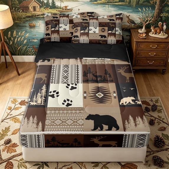 Erosebridal Patchwork Rustic Pattern Zipper Twin Comforter Sets with Fitted Sheet and 2 Pillowcases,Wildlife Animal Print Zipper Bedding Set,Beige Taupe Brown,Black Reversible