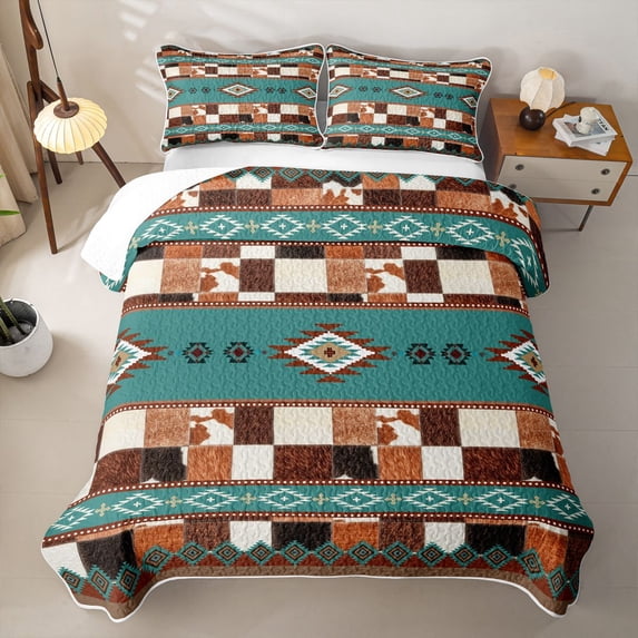 Erosebridal Patchwork Southwest Twin Quilt Set,Cowhide Aztec Western Striped Twin Coverlet Set For Boys,2pcs