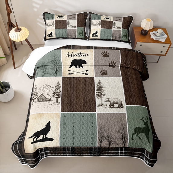 Erosebridal Patchwork Wilderness Twin Quilt Set,Brown Plaid Animal Patchwork Twin Coverlet Set For Boys,2pcs