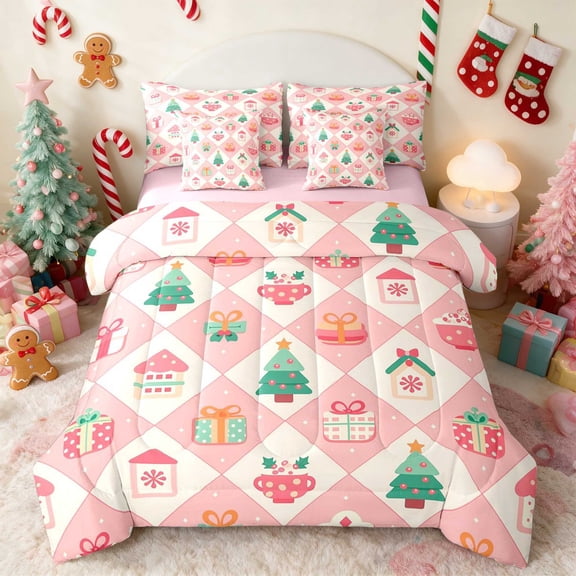 Manfei Pattern Full Size Bedding Sets 7-Piece Holiday Full Size Bed in a Bag, Green Gold, Pink Reversible