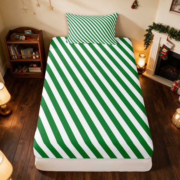 Manfei Pattern Twin Fitted Sheet Festive Bedding, Pink Green 2pcs 1 Fitted Sheet and 1 Pillowcase