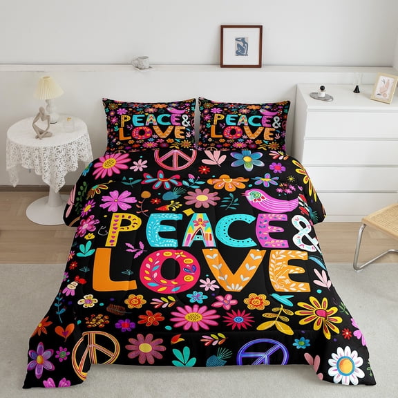 Erosebridal Peace and Love Bedding Queen Comforter Set, Groovy Flower Down Comforter, Camping Decor, Reversible 3pcs