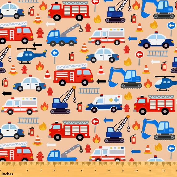 Erosebridal Peach Emergency Vehicle Fabric by the Yard 3 Yards, Fire Truck Excavator Room Decor Fabric by the Yard