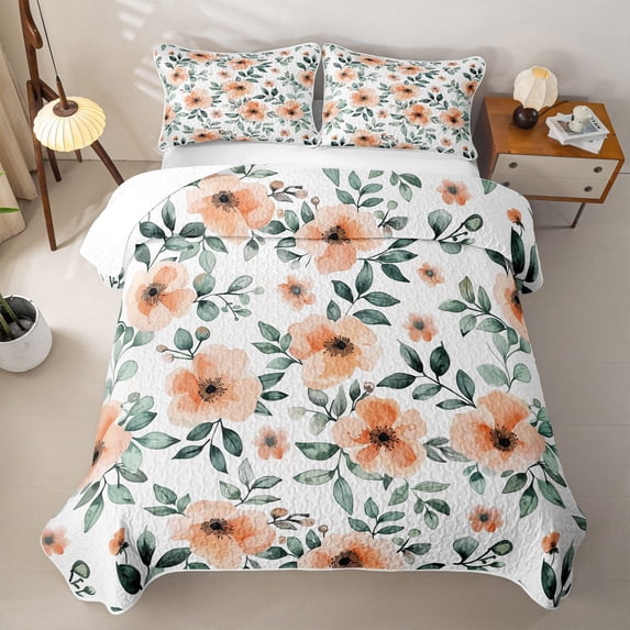 Erosebridal Peach Flowers Bed Spread Queen,Green Leaf Floral Print Queen Coverlet Set For Girls,3pcs