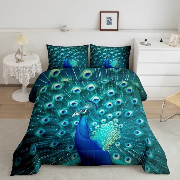 Erosebridal Peacock Bedding Set Queen Size Teal Cute Animal Pattern Comforter Set Peacock Feather Printed Decor Duvet Filler Adult Women Soft Quilted Duvet
