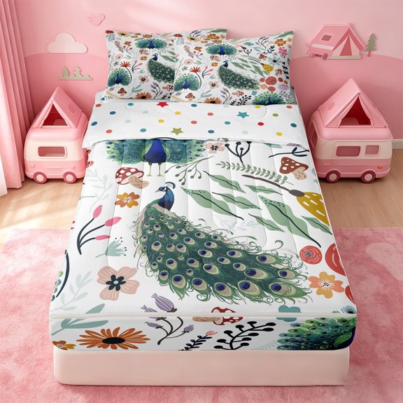 Erosebridal Peacock Daisy Zipper Twin Comforter Sets with Fitted Sheet and 2 Pillowcases,Multicolor Botanical Floral Zipper Bedding Set For Girls,Polkadot Reversible,4 Pieces