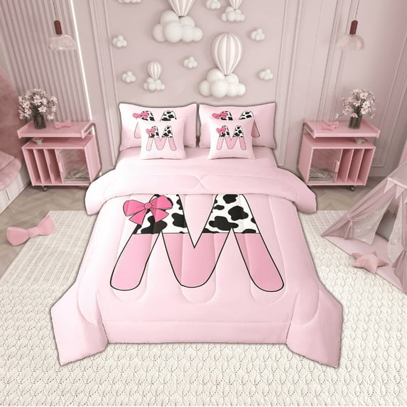Erosebridal Initial Monogrammed Bedding Sets Twin Size,Bowknot Cow Print Comforter Sets with Sheets,Breathable Reversible Bed in a Bag Twin size,Kawaii Room Decorative,7pcs