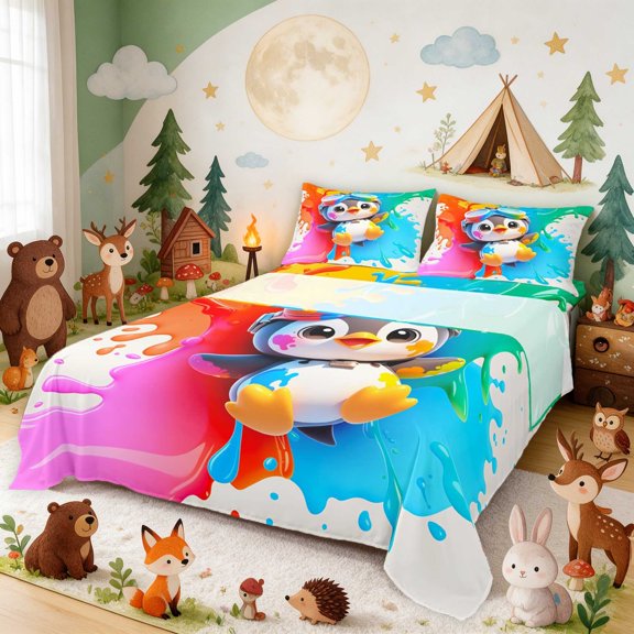 Erosebridal Penguin Bed Sheets for Boys Girls, Rainbow Paint Full Size Sheets, 4 Pieces 1 Flat Sheet 1 Fitted Sheet and 2 Pillowcases