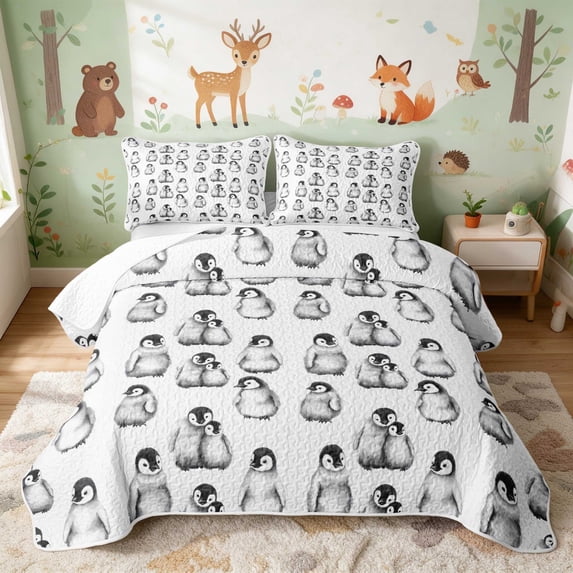 Erosebridal Penguin Bed Spread Queen for Boys Girls, Baby Penguins Queen Coverlet Set, 3-Piece 1 Quilt and 2 Pillowcases
