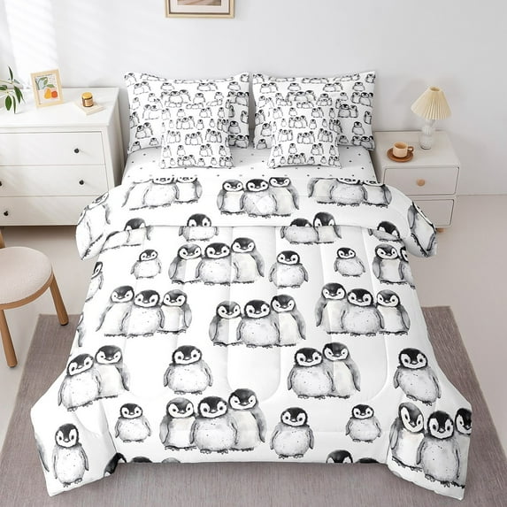 Erosebridal Penguin Bedding Sets for Teens, Antarctic Animal Comforter Sets with Sheets, Cartoon Theme Reversible Bed Sheets Set, Ultra Soft Bedroom Decor, 7pcs
