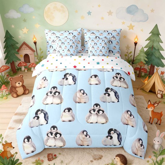 Erosebridal Penguin Full Size Bedding Sets for Boys Girls, Baby Penguins Full Size Bed in a Bag, Polka Dots Reversible 7 Pieces