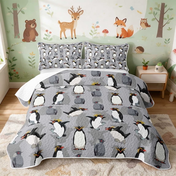 Erosebridal Penguin Quilt King for Boys Girls, Rockhopper King Coverlet Set, 3-Piece 1 Bedspread and 2 Pillowcases