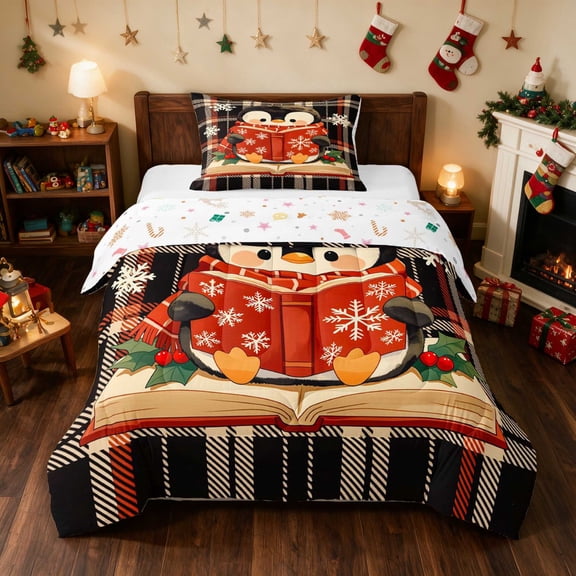 Manfei Penguin Twin Comforter Sets Snow Bedding Set, Red Green 2pcs 1 Comforter and 1 Pillowcase, Xmas Reversible