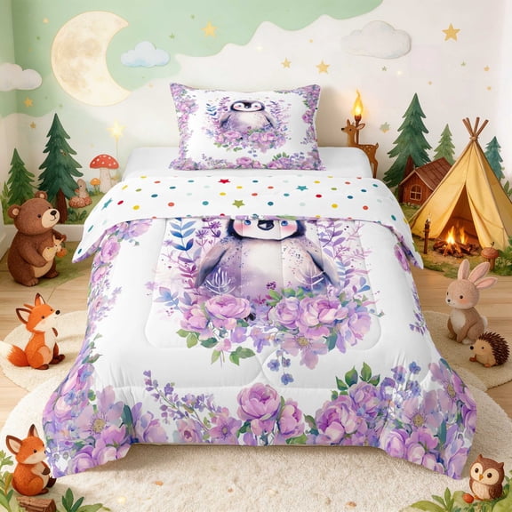 Erosebridal Penguin Twin Comforter Sets for Girls, Purple Flowers Bedding Set, Polka Dots Reversible 2-Piece 1 Comforter and 1 Pillowcase