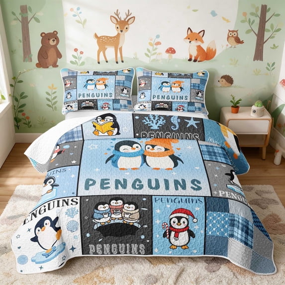 Erosebridal Penguin Twin Quilt Set for Boys Girls, Winter Friends Twin Coverlet Set, 2 Pieces 1 Bedspread and 1 Pillowcase