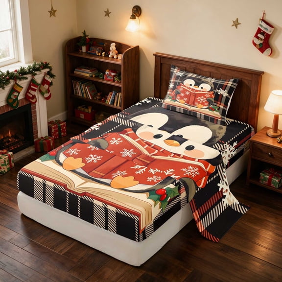 Manfei Penguin Twin Sheets Snow Bedding, Red Green 3pcs (1 Flat Sheet, 1 Fitted Sheet and 1 Pillowcase)