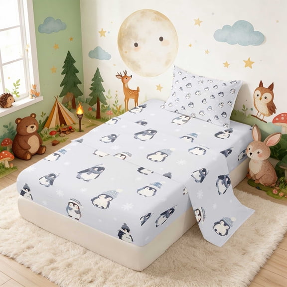 Erosebridal Penguin Twin Sheets for Boys Girls, Winter Hats Bedding, 3pcs 1 Flat Sheet 1 Fitted Sheet and 1 Pillowcase