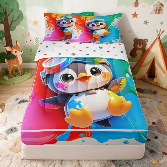Erosebridal Penguin Zipper Full Size Comforter Sets with Fitted Sheet and 2 Pillowcases for Boys Girls, Rainbow Paint Zipper Bedding Set, Polka Dots Reversible