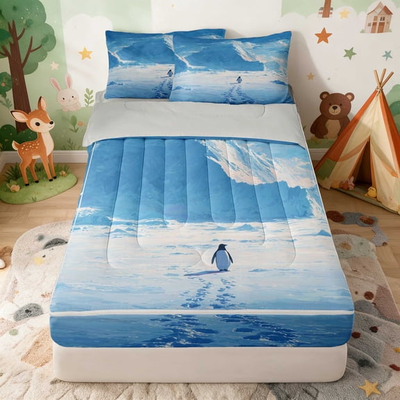 Erosebridal Penguin Zipper Full Size Comforter Sets with Fitted Sheet and 2 Pillowcases for Boys Girls, Ice Field Zipper Bedding Set, Gray Reversible