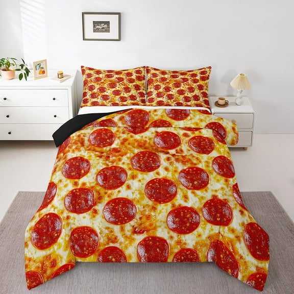 Erosebridal Pepperoni Pizza Comforter Sets Queen Size,Sausage Cheese Bedding Queen Comforter Set,Funny Fast Food Bedding Sets Queen with Comforter,Breathable Teens Bedroom Decor,Reversible,3 Pieces