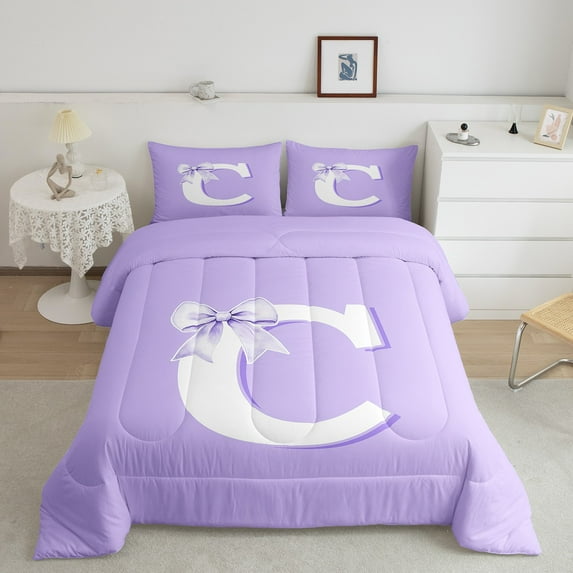 Erosebridal Personalized Gifts Bedding Full Comforter Set,Latter C Down Comforter,Purple Cartoon Bow Bedding Sets Full with Comforter,Lightweight Room Decoration,3 Pieces