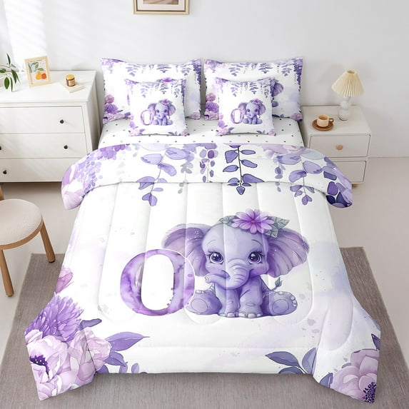 Erosebridal Personalized Gifts Bedding Sets Full Size,Monogrammed O Comforter Sets with Sheets,Chic Animal Elephant Bed in a Bag Full Size,Ultra Soft Room Decoration Reversible,7-Piece