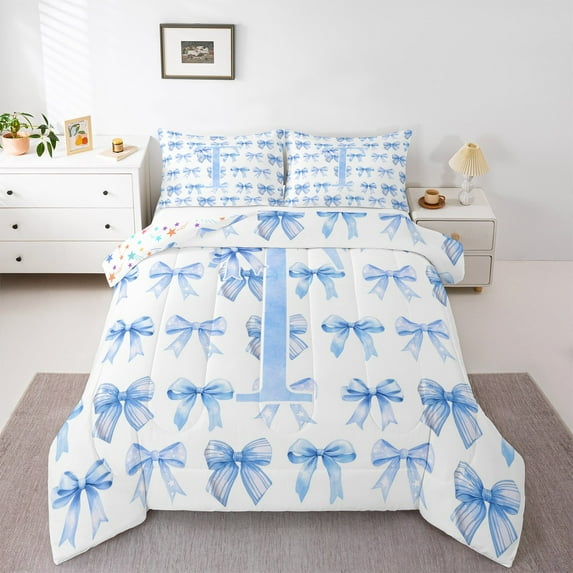 Erosebridal Personalized Gifts Bedding Twin Comforter Set,Latter T Down Comforter,Blue Ribbon Bow Bedding Sets Twin with Comforter,Lightweight Room Decoration Reversible,2 Pieces