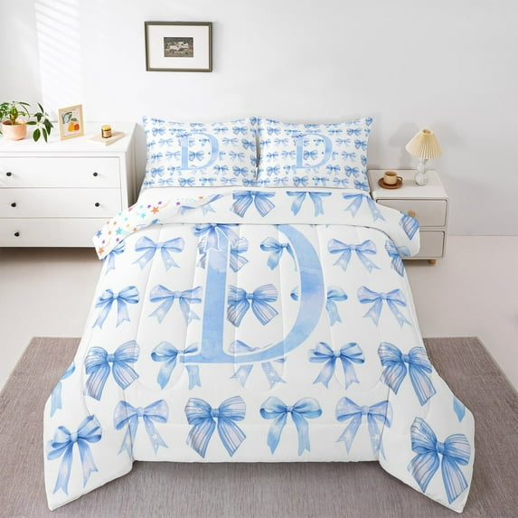Erosebridal Personalized Gifts Comforter Sets Full Size,Latter D Comforters & Duvets,Blue Ribbon Bow Bedding Full Comforter Set,Lightweight Room Decoration Reversible,3-Piece