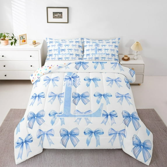 Erosebridal Personalized Gifts Comforter Sets King Size,Latter L Comforters & Duvets,Blue Ribbon Bow Bedding King Comforter Set,Lightweight Room Decoration Reversible,3-Piece