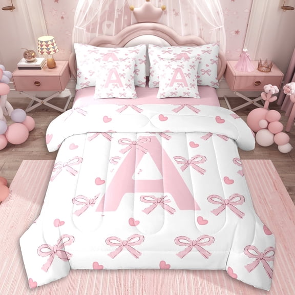 Erosebridal Personalized Initial A Twin Bedding Sets 7-Piece For Girls,Pink Ribbon Bow Bedding Comforter Set,Pink Reversible,Ultra Soft Home Decor
