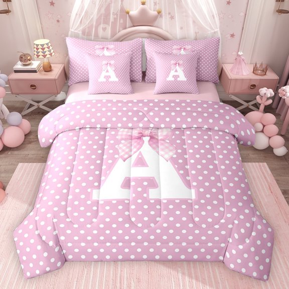 Erosebridal Personalized Initial A Twin Bedding Sets for Girls, Pink Bowtie Polka Dots Bedding Comforter Set, Pink Reversible 7-Piece
