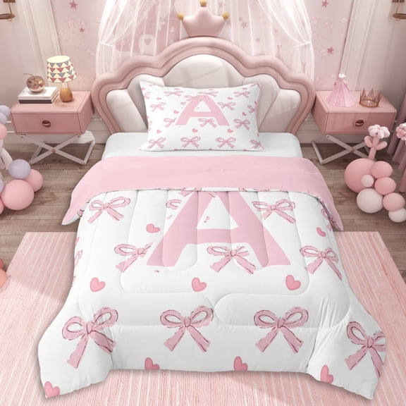 Erosebridal Personalized Initial A Twin Comforter Sets 3-Piece For Girls,Pink Ribbon Bow Bedding Set,Pink Reversible,Ultra Soft Home Decor