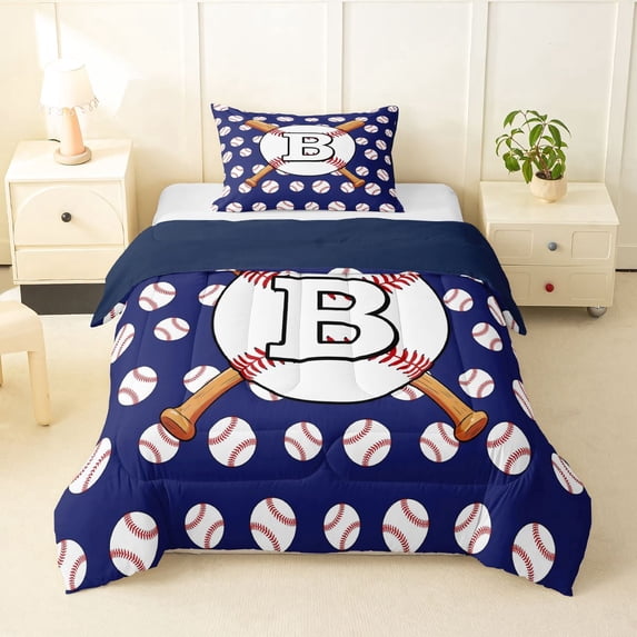 Erosebridal Personalized Initial B Baseball Print Twin Comforter Sets 3-Piece for Boys Girls,Teens Sport Theme Bedding Set,Navy Blue Reversible,Ultra Soft Home Decor