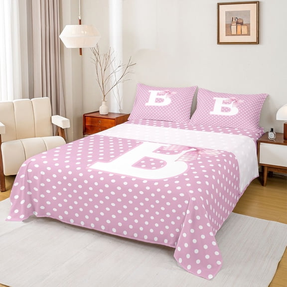 Erosebridal Personalized Initial B Full Size Sheets for Girls, Pink Bowtie Polka Dots Bed Sheets, 4pcs, 1 Flat Sheet, 1 Fitted Sheet and 2 Pillowcases
