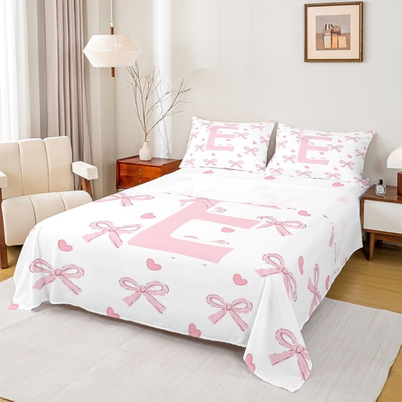 Erosebridal Personalized Initial E Bed Sheets 4pcs For Girls,Pink Ribbon Bow King Sheets,Lightweight Room Decor