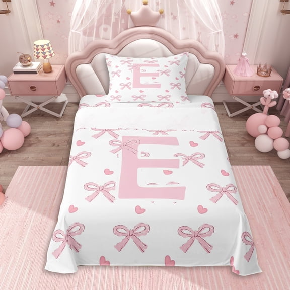 Erosebridal Personalized Initial E Twin Sheet Sets 3pcs For Girls,Pink Ribbon Bow Bedding,Lightweight Room Decor
