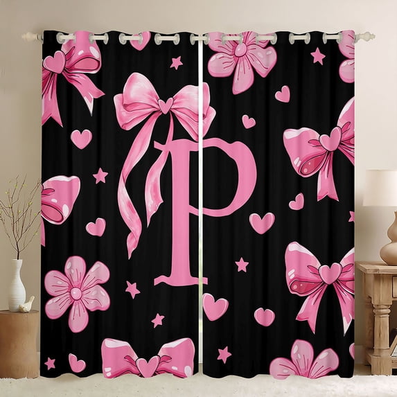Erosebridal Personalized Initial Gifts Black Out Curtains For Girls Kids,Pink Bowtie Alphabet P Curtains Pack of 2 (42x63 Each)