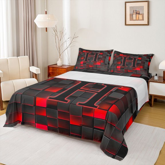 Erosebridal Personalized Initial H Full Size Sheets 4-Piece For Teens Adults,Boys Girls Geometric Plaid Bed Sheets
