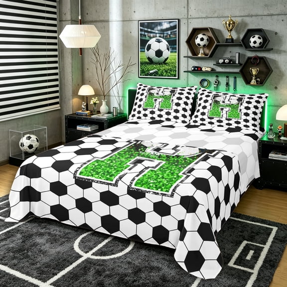 Erosebridal Personalized Initial H Soccer Print Bed Sheets 4pcs for Boys Girls,Teens Green Glitter Print King Sheets,Lightweight Room Decor