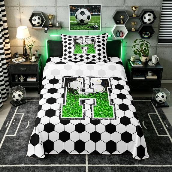 Erosebridal Personalized Initial H Soccer Print Twin Sheet Sets 3pcs for Boys Girls,Teens Green Glitter Print Bedding,Lightweight Room Decor