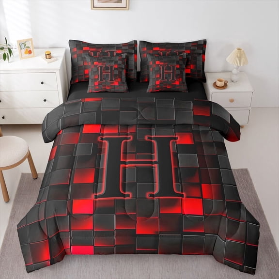 Erosebridal Personalized Initial H Twin Bedding Sets 7-Piece For Teens Adults,Boys Girls Geometric Plaid Bedding Comforter Set,Black Reversible