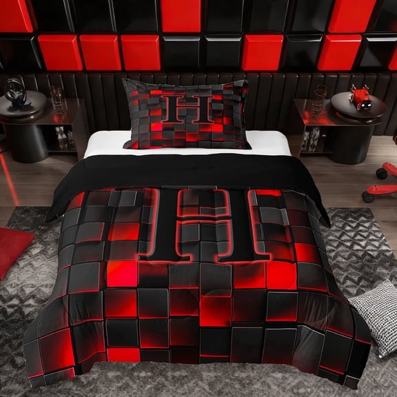 Erosebridal Personalized Initial H Twin Comforter Sets 3-Piece For Teens Adults,Boys Girls Geometric Plaid Bedding Set,Black Reversible