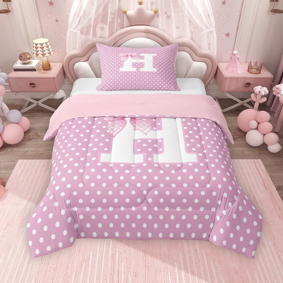 Erosebridal Personalized Initial H Twin Comforter Sets for Girls, Pink Bowtie Polka Dots Bedding Set, Pink Reversible 2-Piece, 1 Comforter and 1 Pillowcase