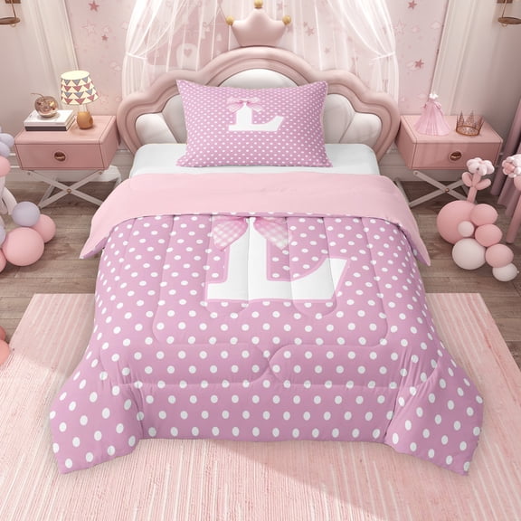 Erosebridal Personalized Initial L Twin Comforter Sets for Girls, Pink Bowtie Polka Dots Bedding Set, Pink Reversible 2pcs, 1 Comforter and 1 Pillowcase