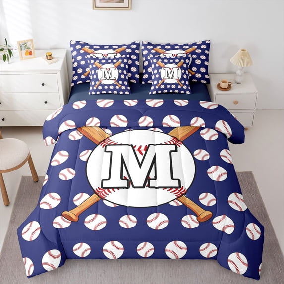 Erosebridal Personalized Initial M Baseball Print Bedding Comforter Set 7 Pieces for Boys Girls,Teens Sport Theme Full Bedding Set,Navy Blue Reversible,Microfiber Bedroom Decor