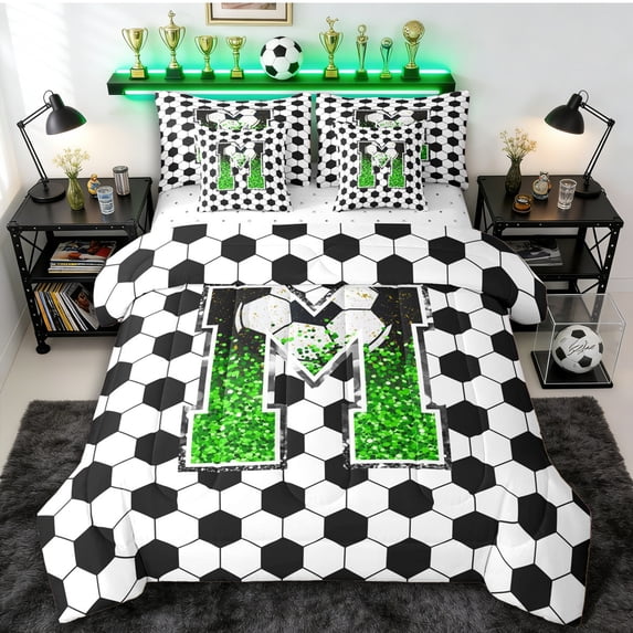 Erosebridal Personalized Initial M Soccer Print Bedding Comforter Set 7 Pieces for Boys Girls,Teens Green Glitter Print Full Bedding Set,Microfiber Bedroom Decor