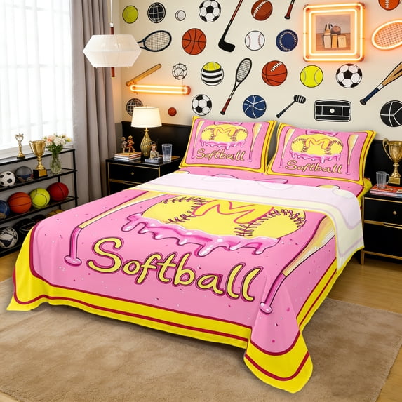 Erosebridal Personalized Initial M Softball Print Bed Sheets 4pcs for Boys Girls,Teens Sport Baseball Ice Cream King Sheets,Ultra Soft Home Decor
