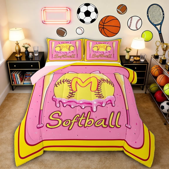 Erosebridal Personalized Initial M Softball Print Queen Comforter Set 3pcs for Boys Girls,Teens Sport Baseball Ice Cream Bedding Comforter Set,Pink Reversible,Ultra Soft Home Decor
